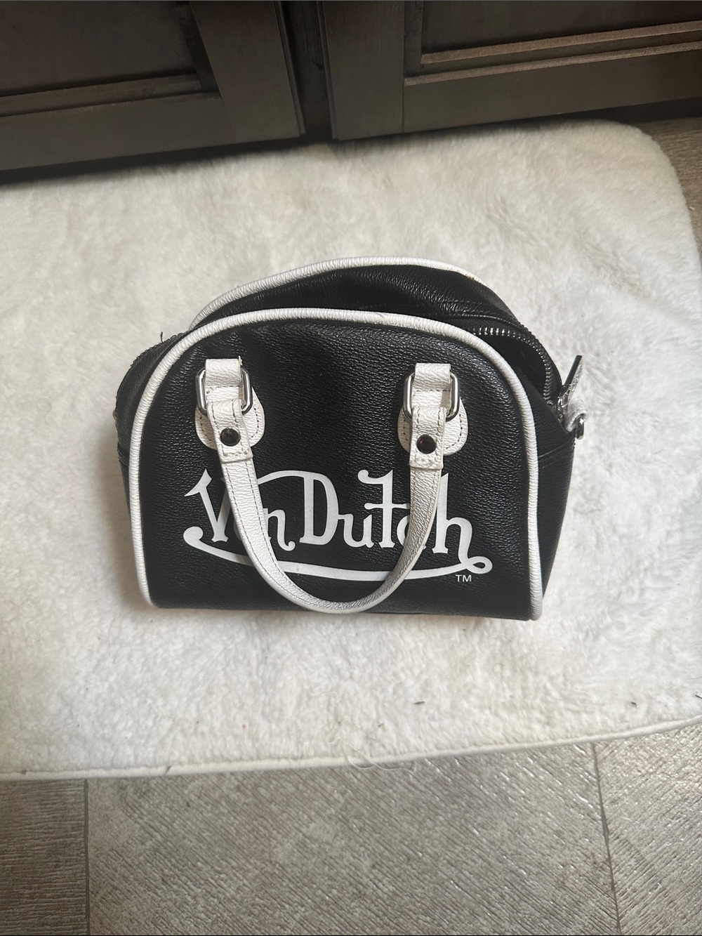 Von Dutch Black Mini Dome Satchel with White Trim